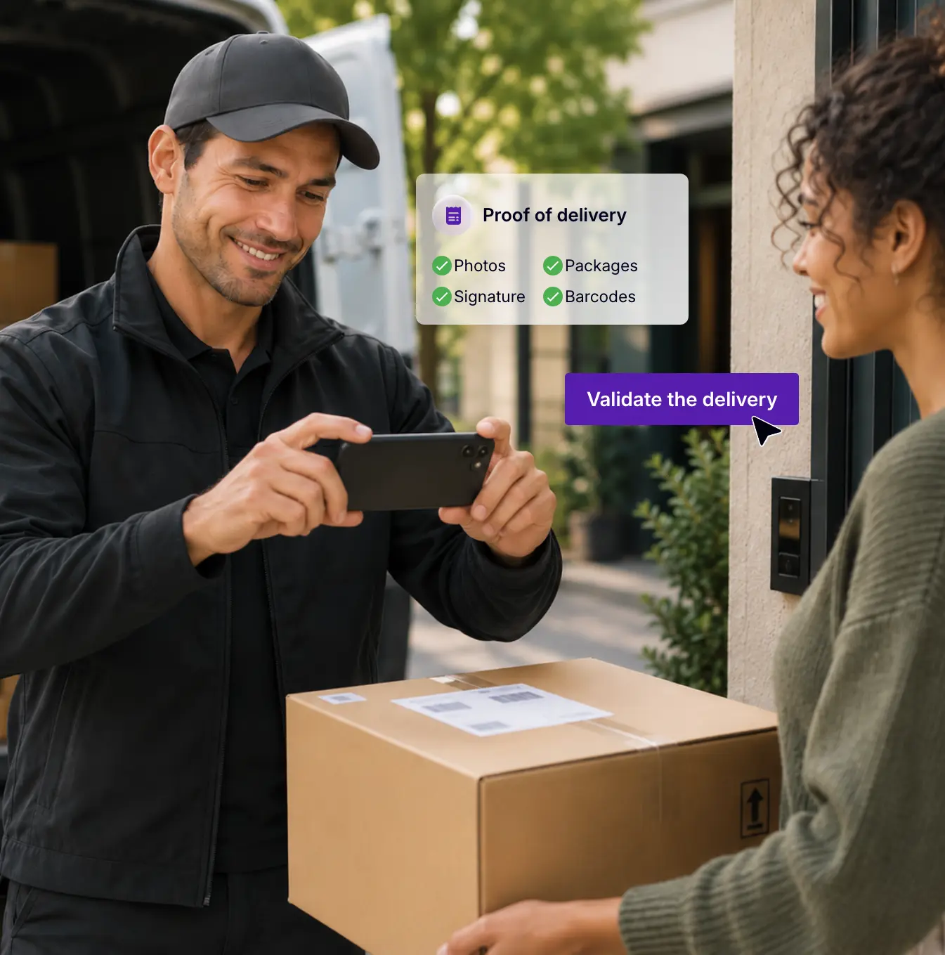 Delivery driver using a smartphone to record proof of delivery for a parcel, including a photo, signature, and barcode.