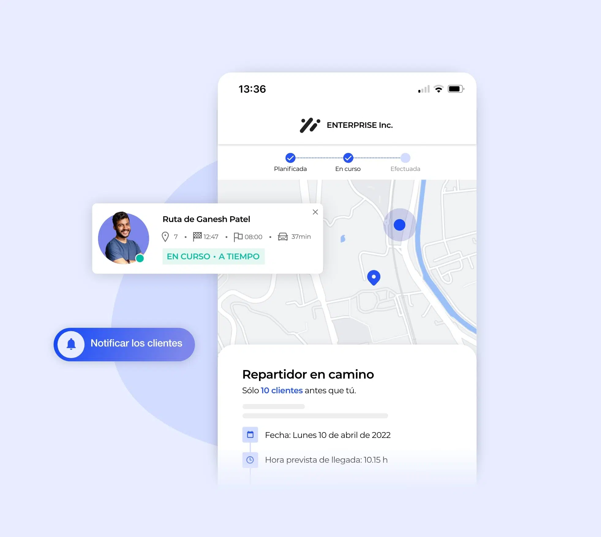 La interfaz AntsRoute muestra la llegada de un conductor de reparto.