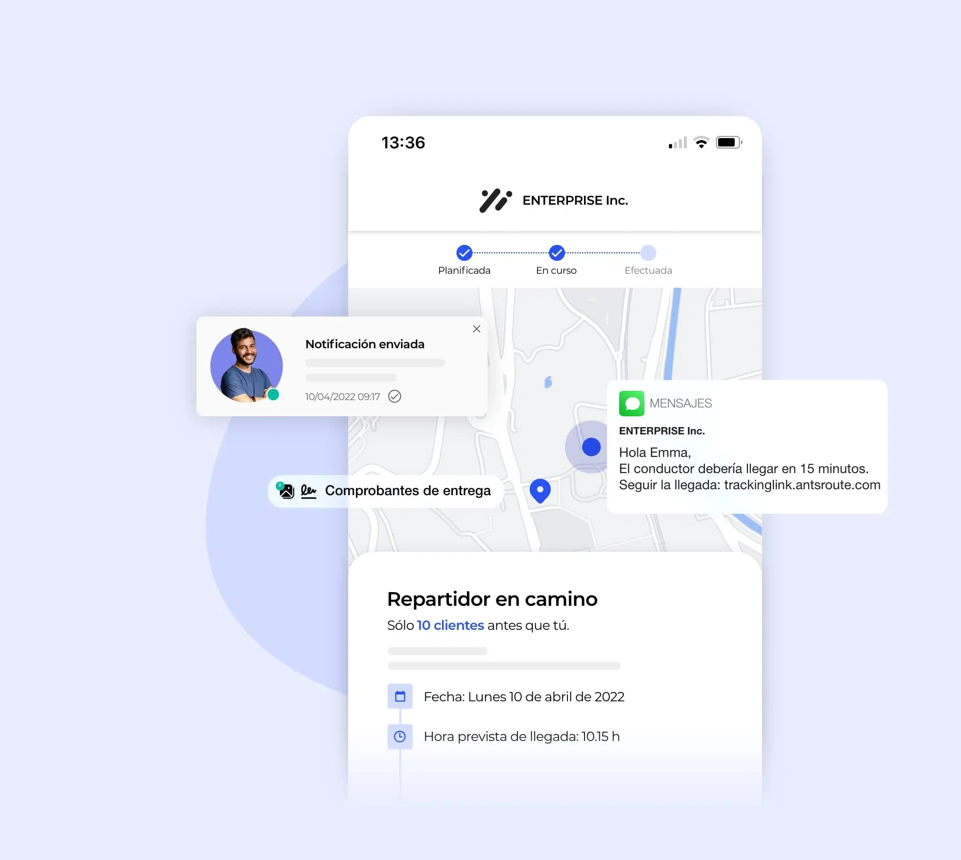 La interfaz AntsRoute que muestra cómo enviar una notificación para indicar la llegada del conductor de reparto.