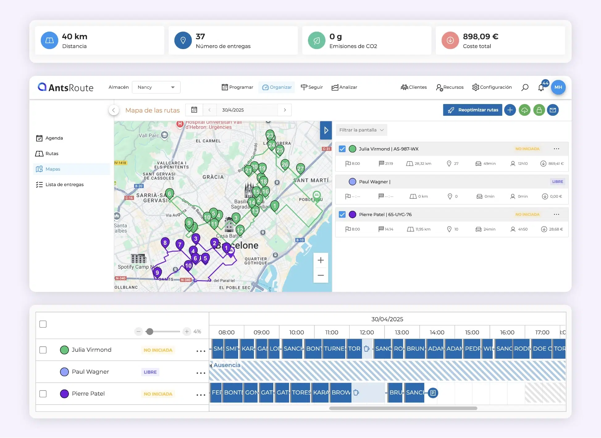 La interfaz de AntsRoute mostrando la optimización de rutas de entrega de última milla.