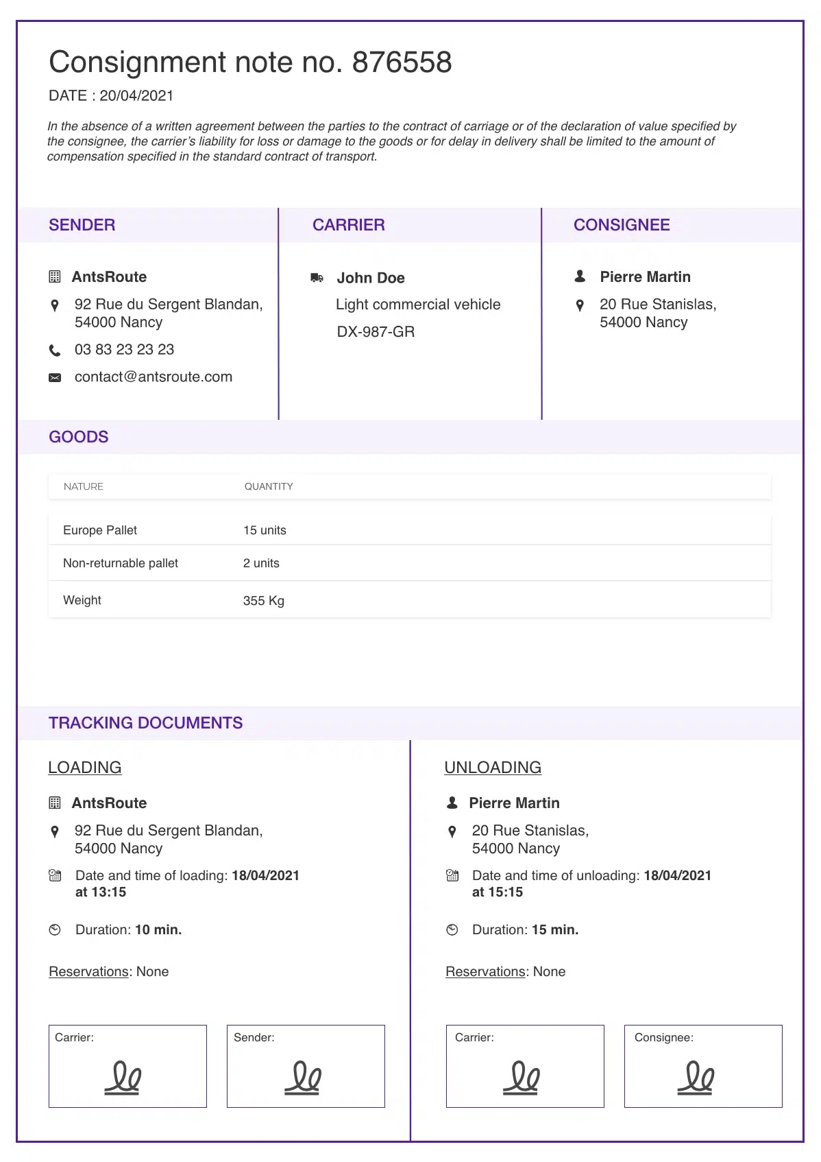 The template of an electronic consignment note generated with AntsRoute.