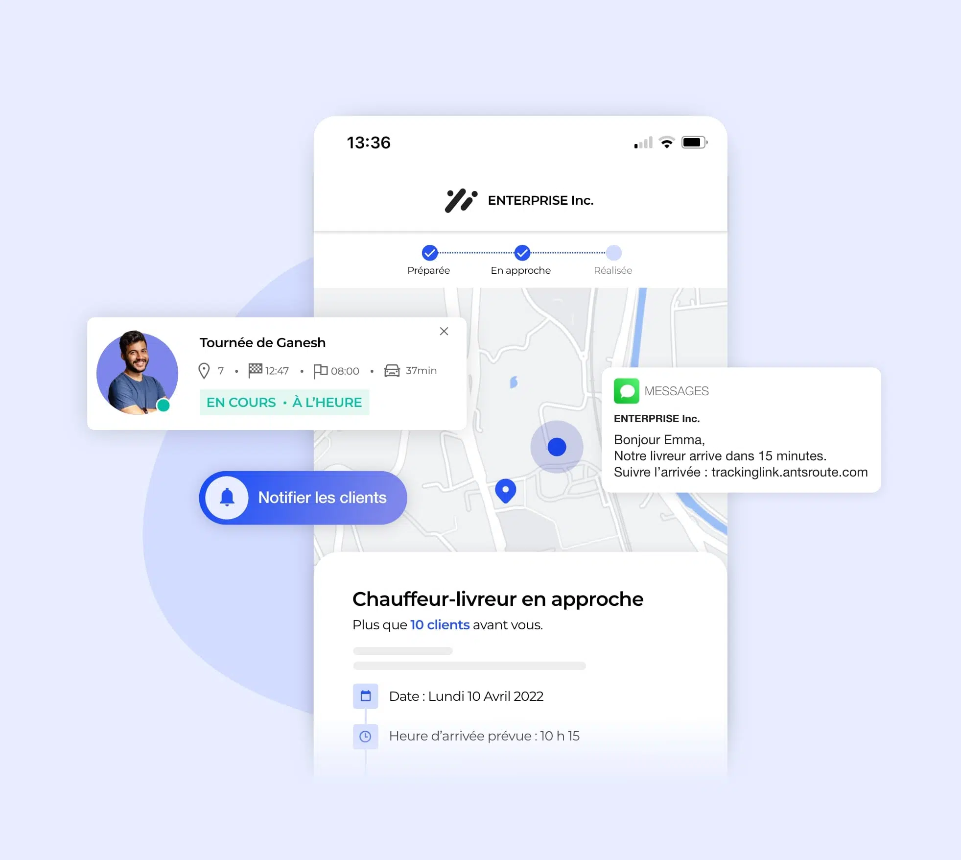 L'interface AntsRoute montrant le suivi de l'arrivée d'un chauffeur-livreur.