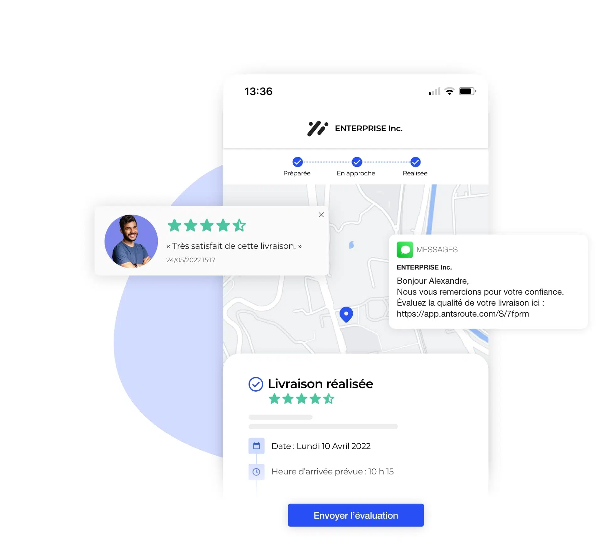 L'interface AntsRoute montrant l'évaluation de la qualité du service de livraison.