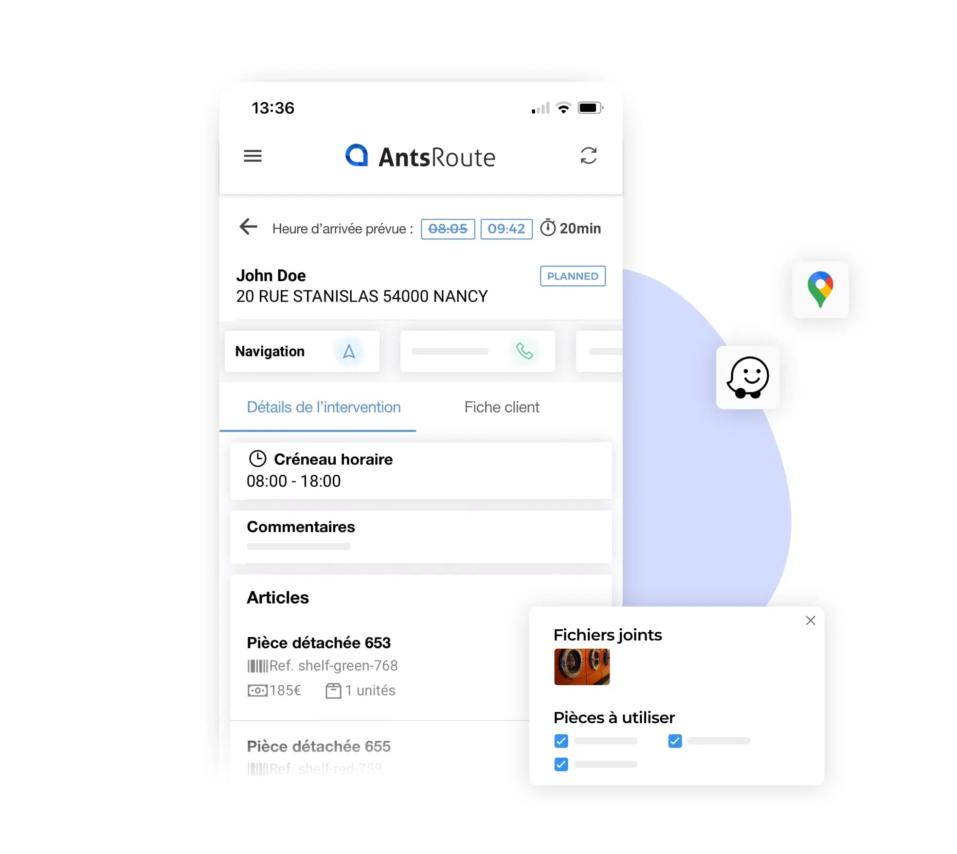 L'application mobile AntsRoute montrant le détail d'une intervention.