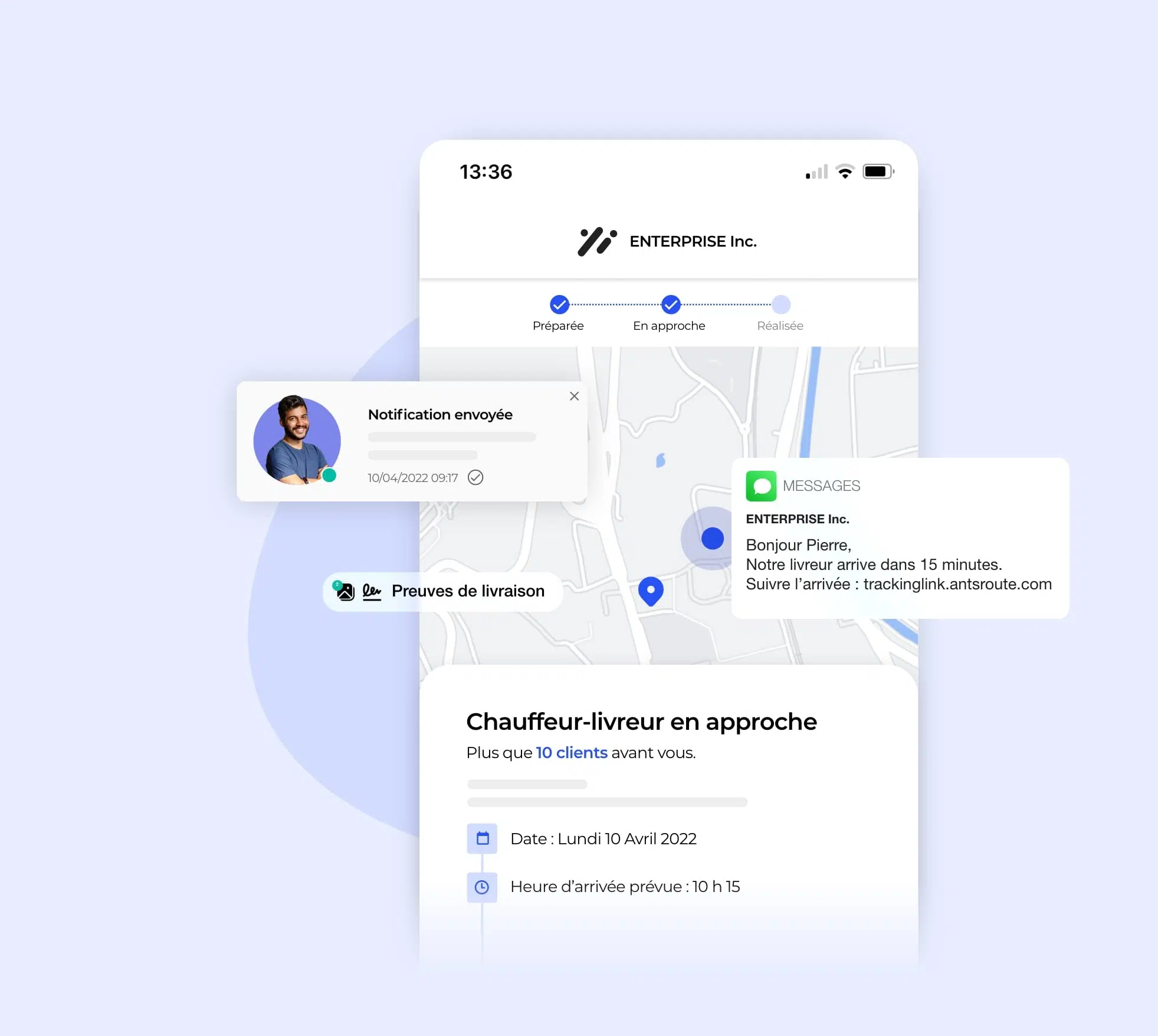 L’interface AntsRoute montrant l’envoi d’une notification pour indiquer l’arrivée du chauffeur-livreur.
