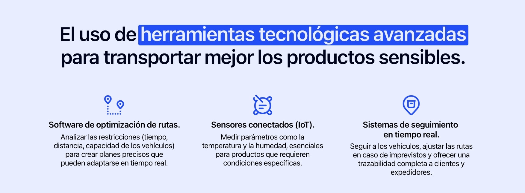 Diagrama que muestra tres herramientas tecnológicas avanzadas para mejorar el transporte de productos sensibles.