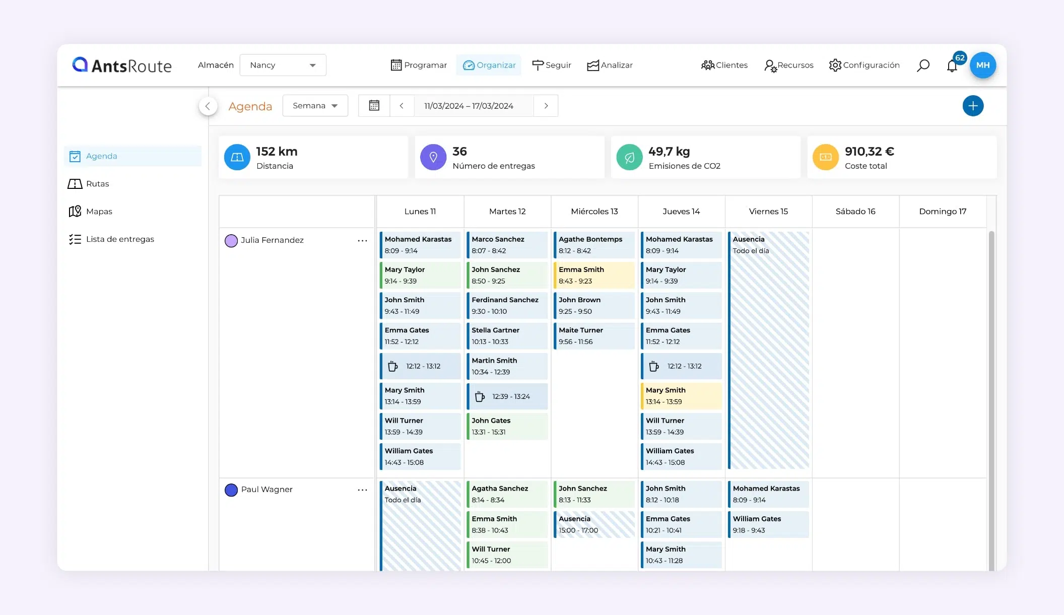 La interfaz del software AntsRoute muestra la planificación semanal de las entregas.