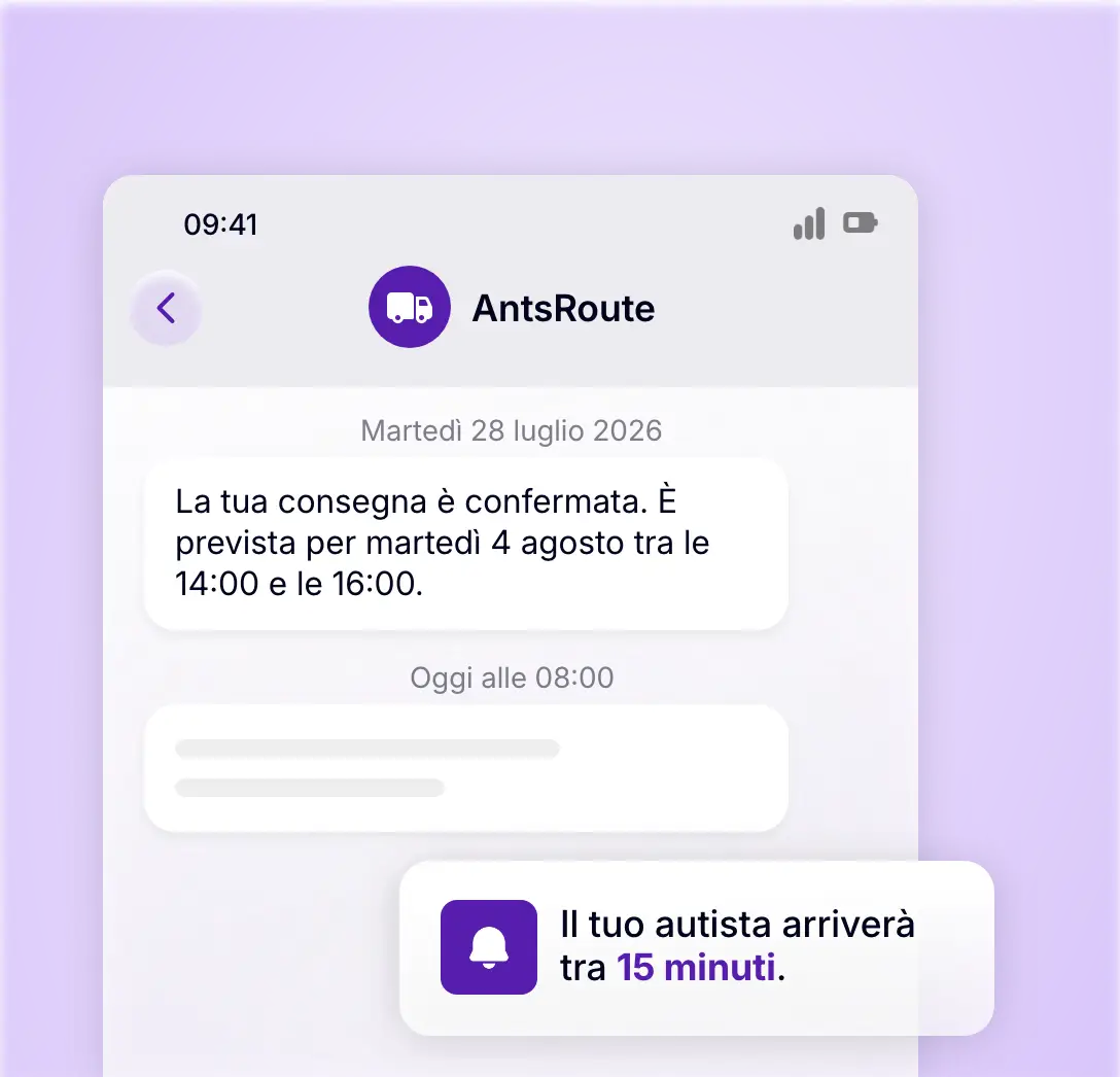 Notifica al cliente con conferma della fascia oraria e dell’orario di arrivo dell’autista
