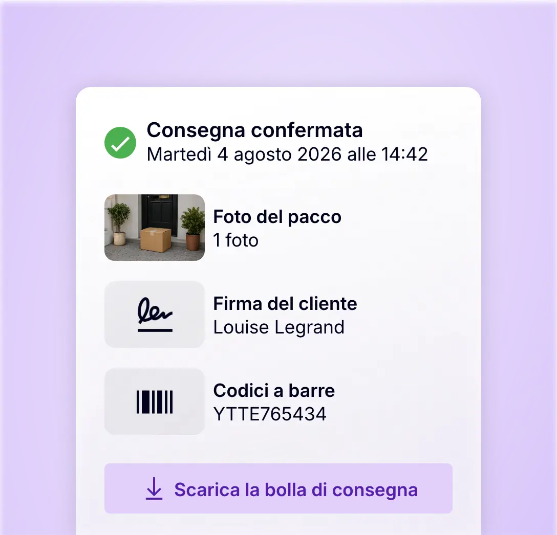 Prova di consegna con foto del pacco, firma e scansione del codice a barre