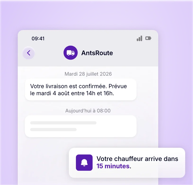 Notification client avec confirmation du créneau et heure d’arrivée du chauffeur
