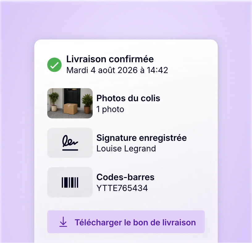 Preuve de livraison avec photo du colis, signature et scan du code-barres
