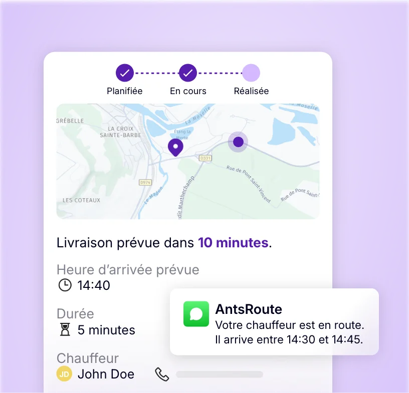 Suivi de livraison en temps réel avec position du chauffeur et heure d’arrivée estimée