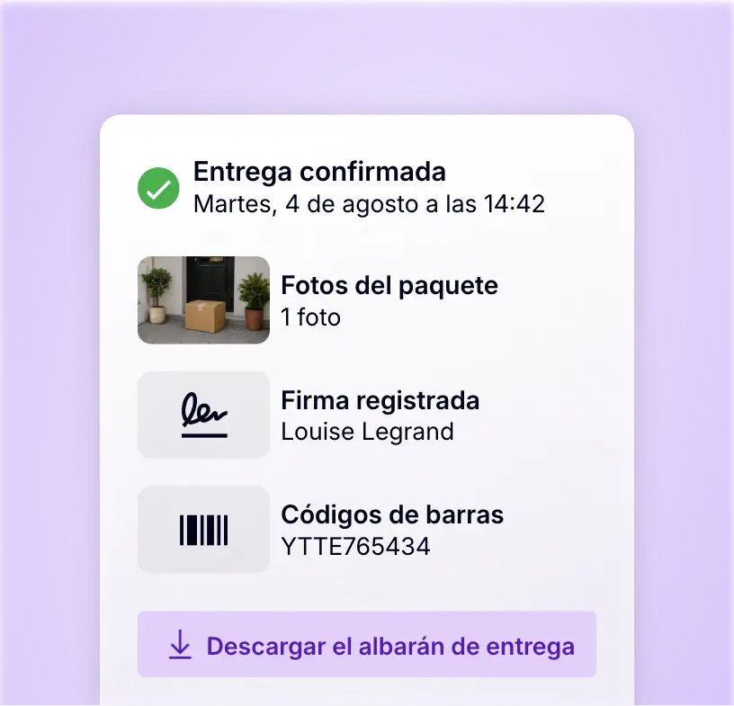 Comprobante de entrega con foto del paquete, firma y escaneo del código de barras