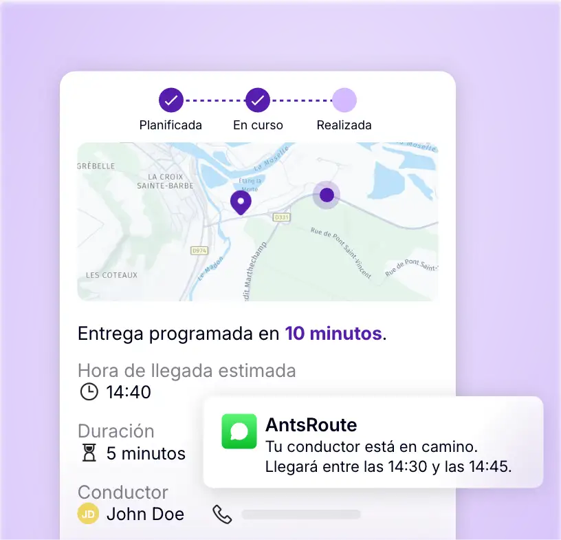 Seguimiento de la entrega en tiempo real con la ubicación del conductor y la hora estimada de llegada