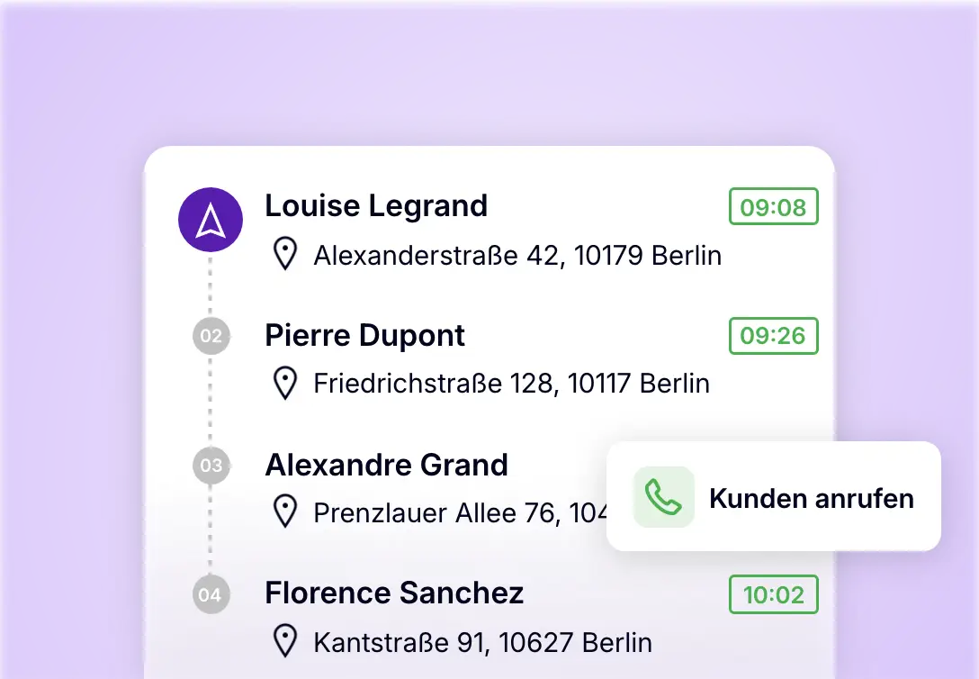 App für Auslieferungsfahrer mit Anzeige der Tourstopps und der Option, den Kunden anzurufen