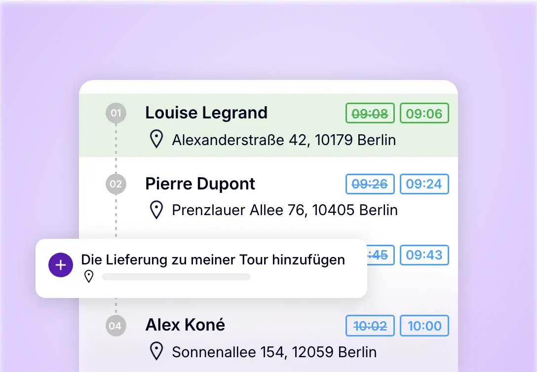 App für Auslieferungsfahrer zum Einfügen eines neuen Stopps und zur Neuorganisation der Tour