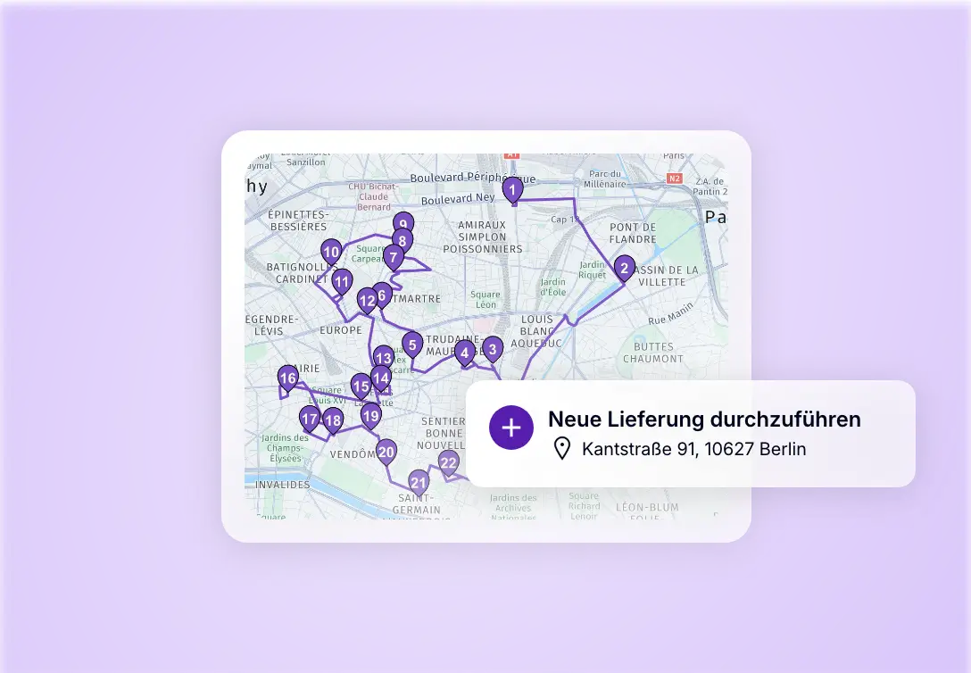 Karte einer optimierten Liefertour mit Hinzufügen eines neuen Stopps über die mobile App
