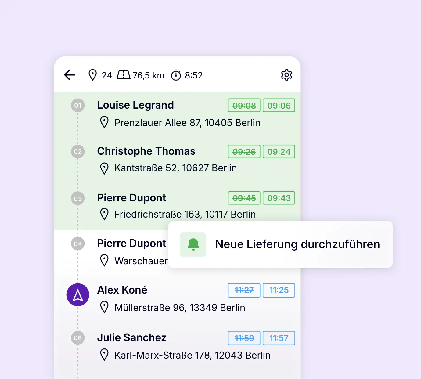 Mobile Tourenübersicht für Fahrer mit Lieferstopps, geplanten Ankunftszeiten und Benachrichtigung über eine neue Lieferung.