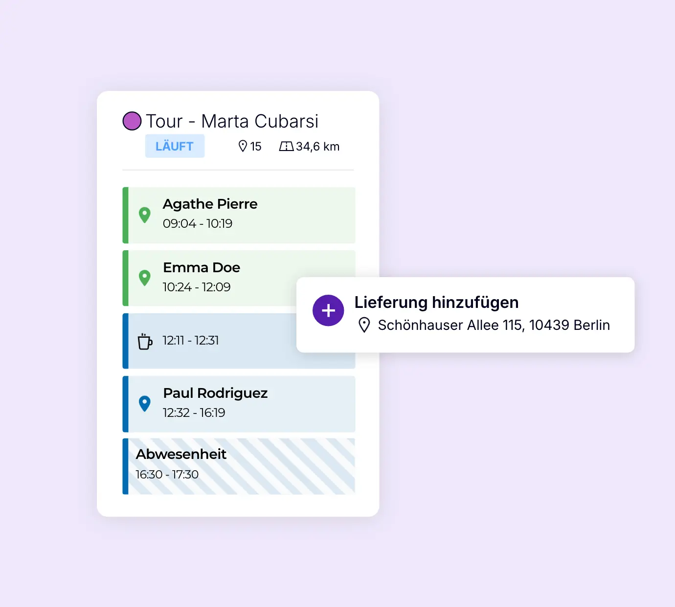 Laufende Fahrertour in AntsRoute mit Lieferstopps, Pausen und Möglichkeit, eine neue Lieferung zur Tour hinzuzufügen.