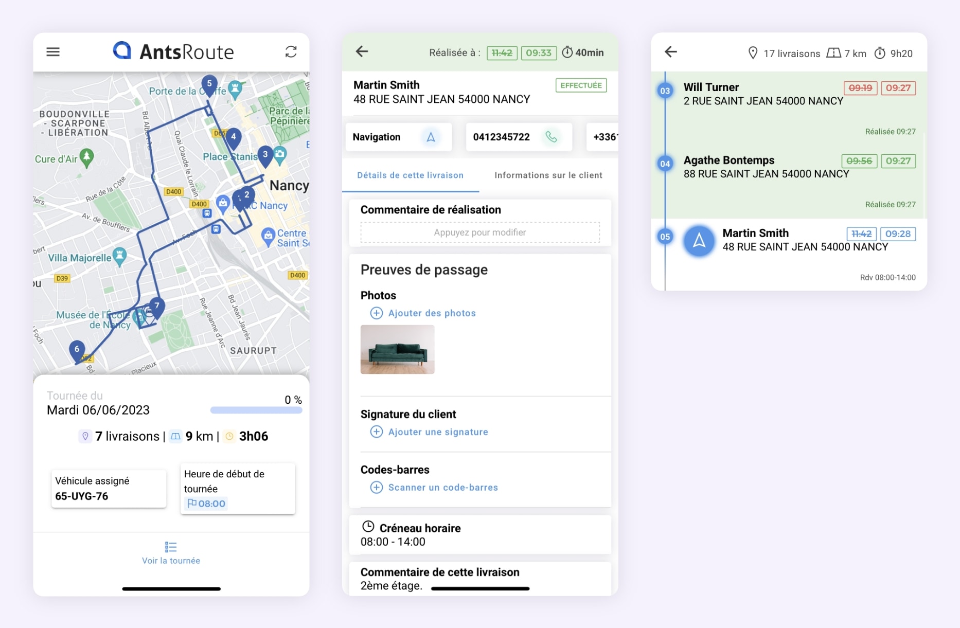 L'application mobile AntsRoute montrant les informations sur des livraisons.