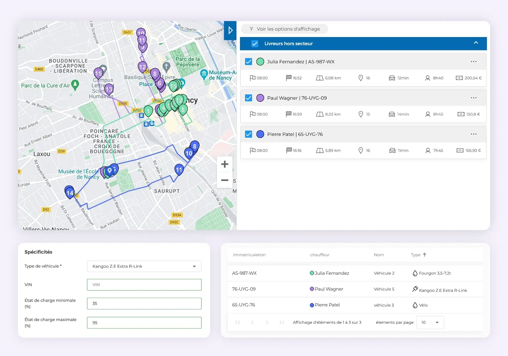 Trois tournées de livraison optimisées sur le logiciel AntsRoute.