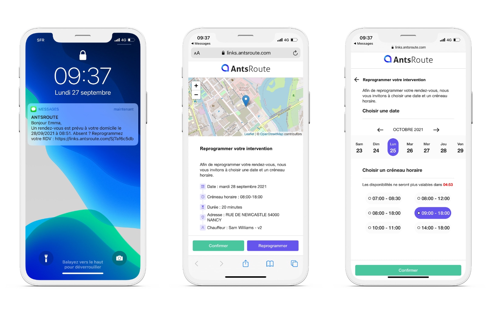 sms proposant de reprogrammer la date d'un rendez-vous envoyé par AntsRoute