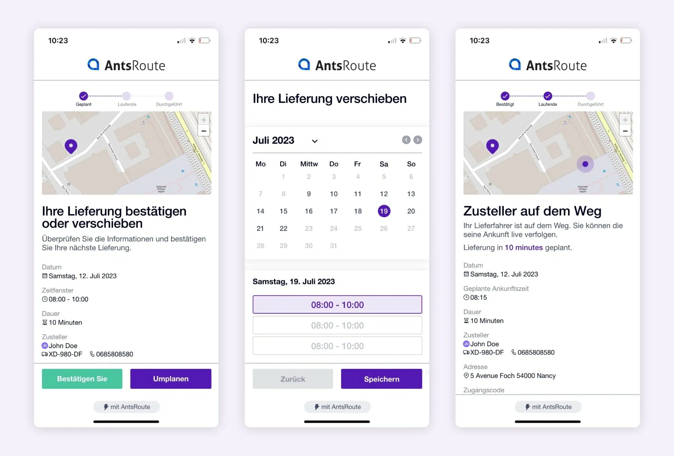 Über AntsRoute gesendete SMS mit einem Link zum Umprogrammieren einer Lieferung.