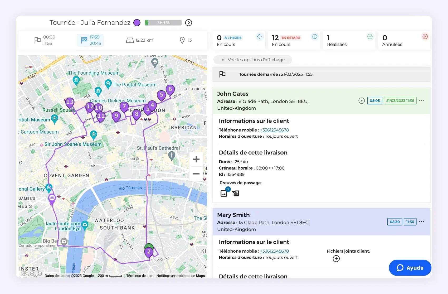 L'interface AntsRoute montrant le suivi en direct sur une carte d'une tournée de livraison.