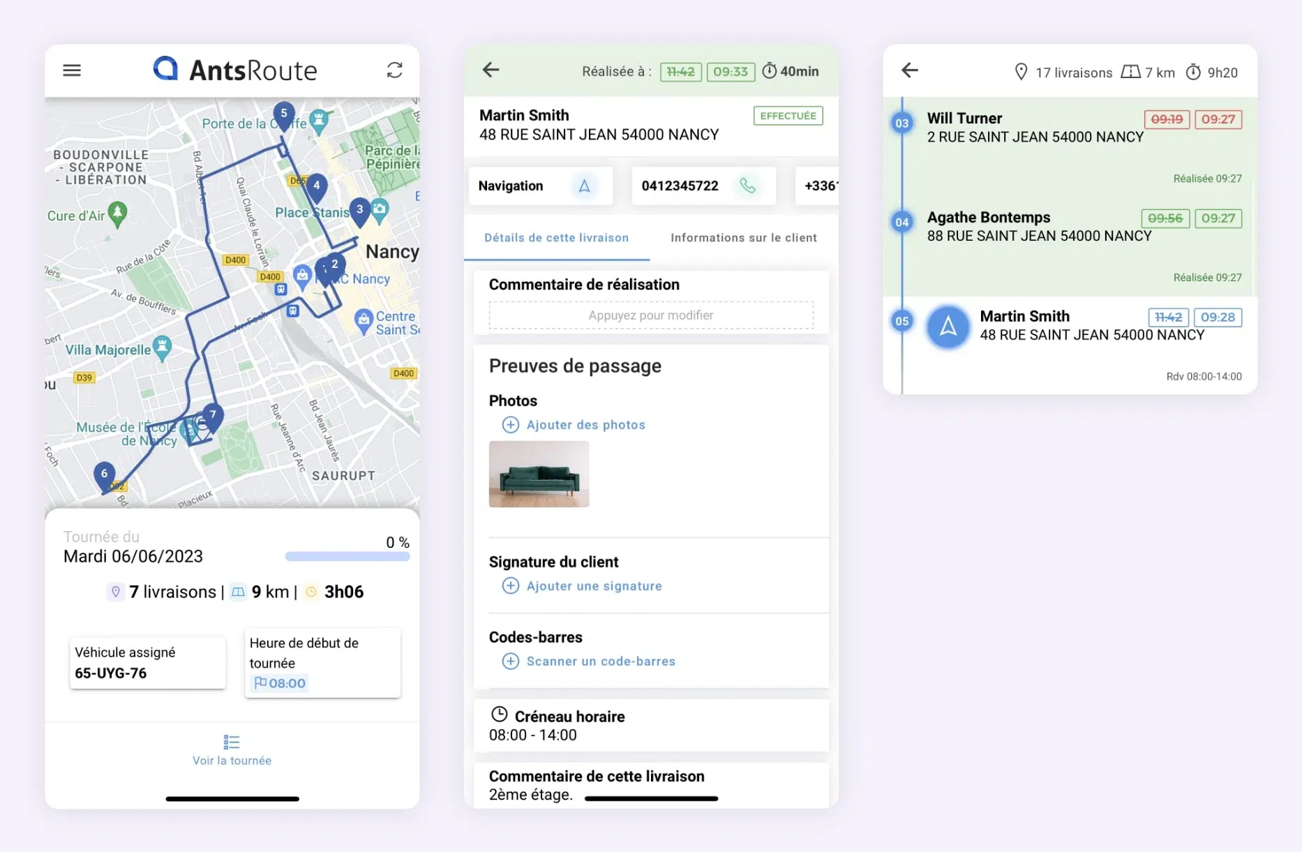 L'application mobile AntsRoute montrant le détail d'une tournée de livraison..