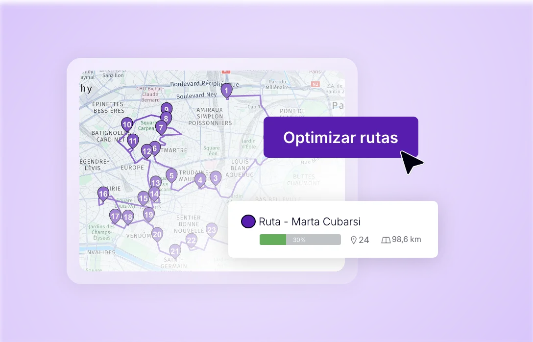 Creación de una ruta de entrega optimizada en un mapa con 24 paradas