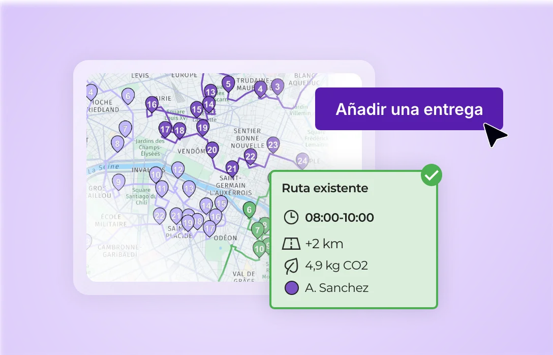 Añadir una entrega a una ruta existente en función de la franja horaria, la distancia y las emisiones de CO₂