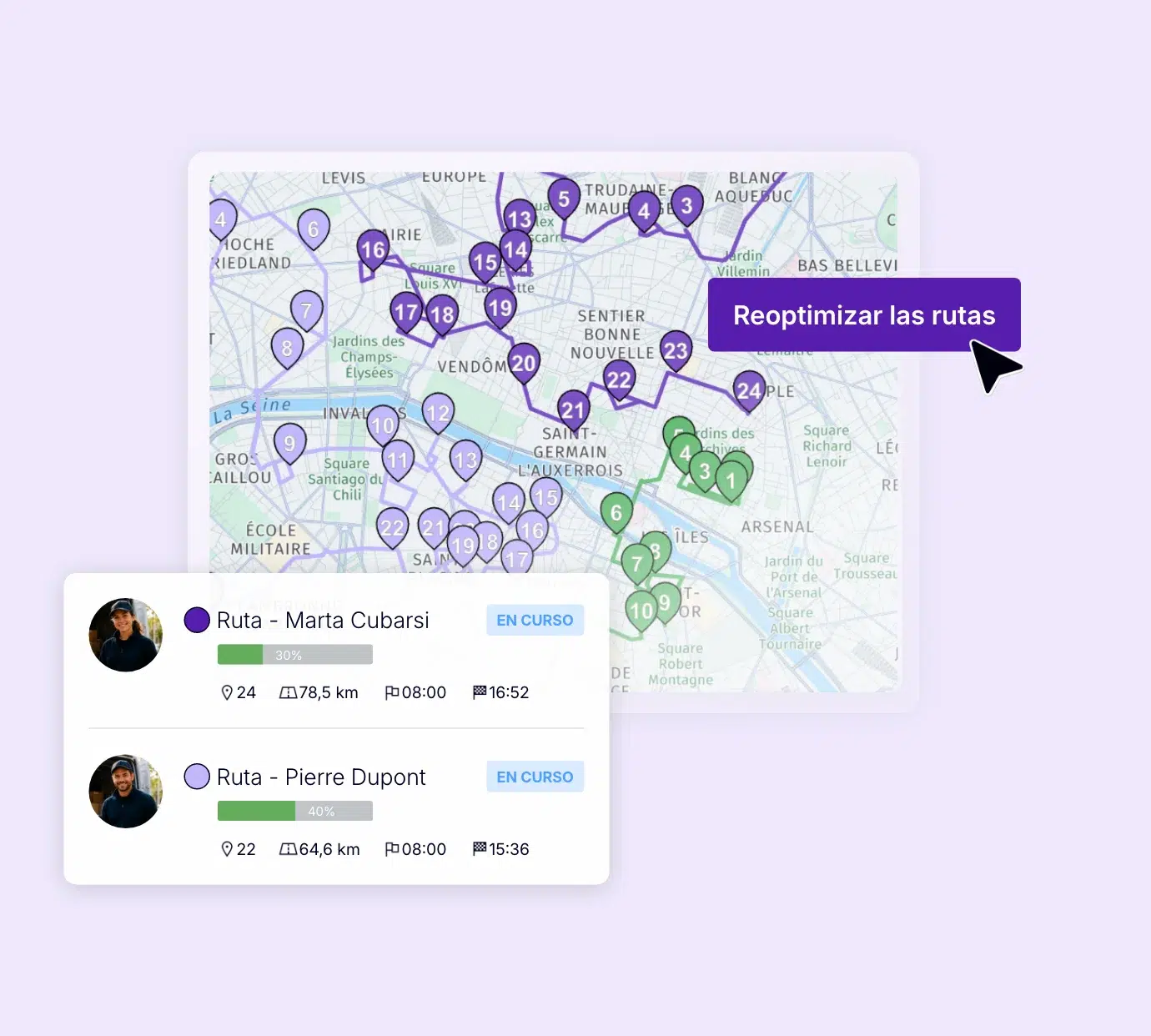 Carte des tournées de livraison en cours avec réoptimisation des itinéraires