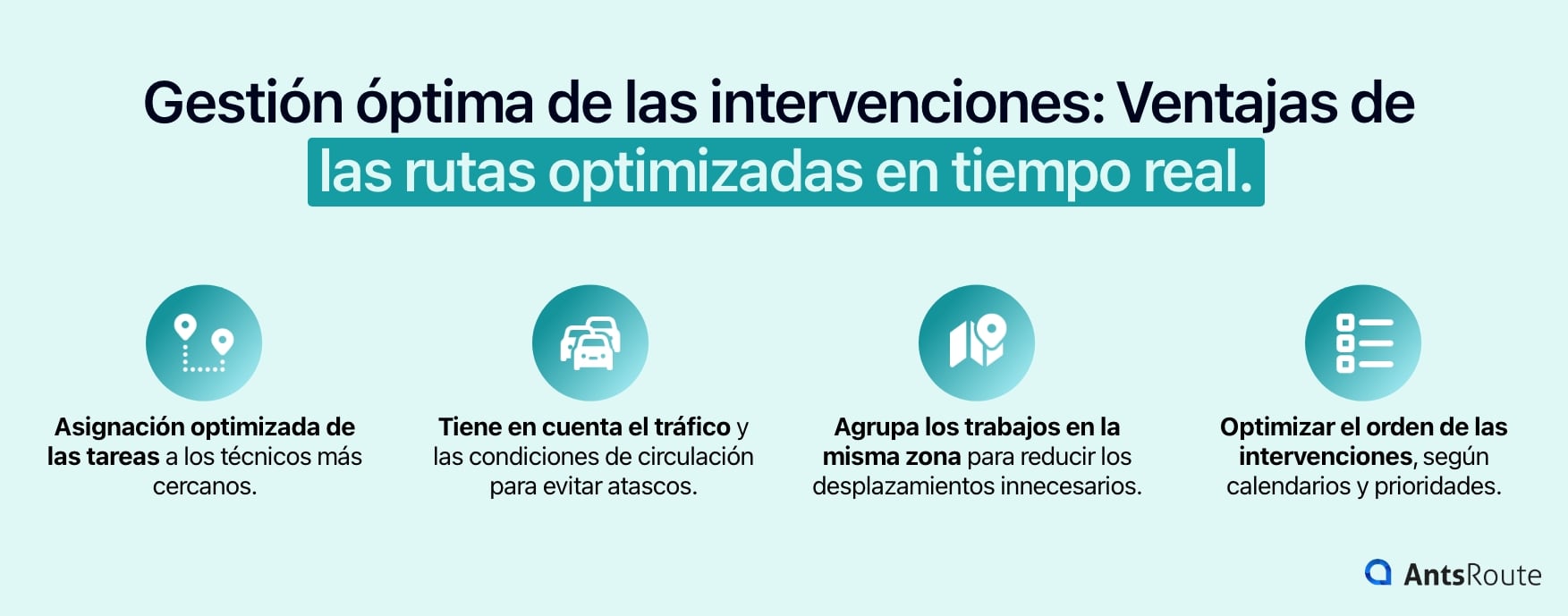 Diagrama que muestra las ventajas de las rutas optimizadas en tiempo real para la gestión de servicios.