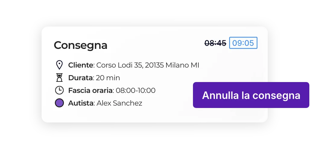 Annullamento di una consegna programmata con aggiornamento dell’orario previsto.