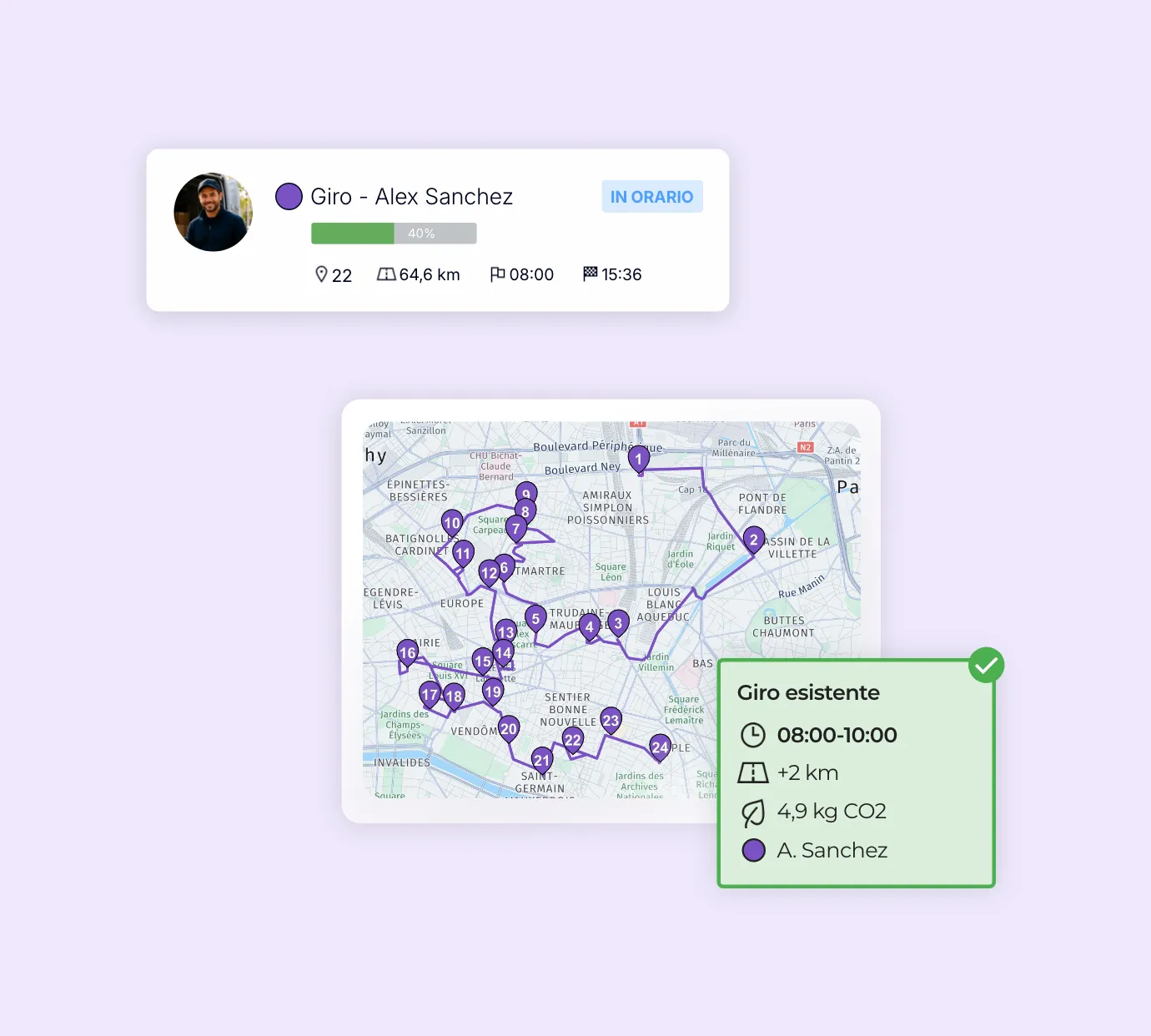 Riottimizzazione di un giro di consegne sulla mappa per gestire gli imprevisti in tempo reale.