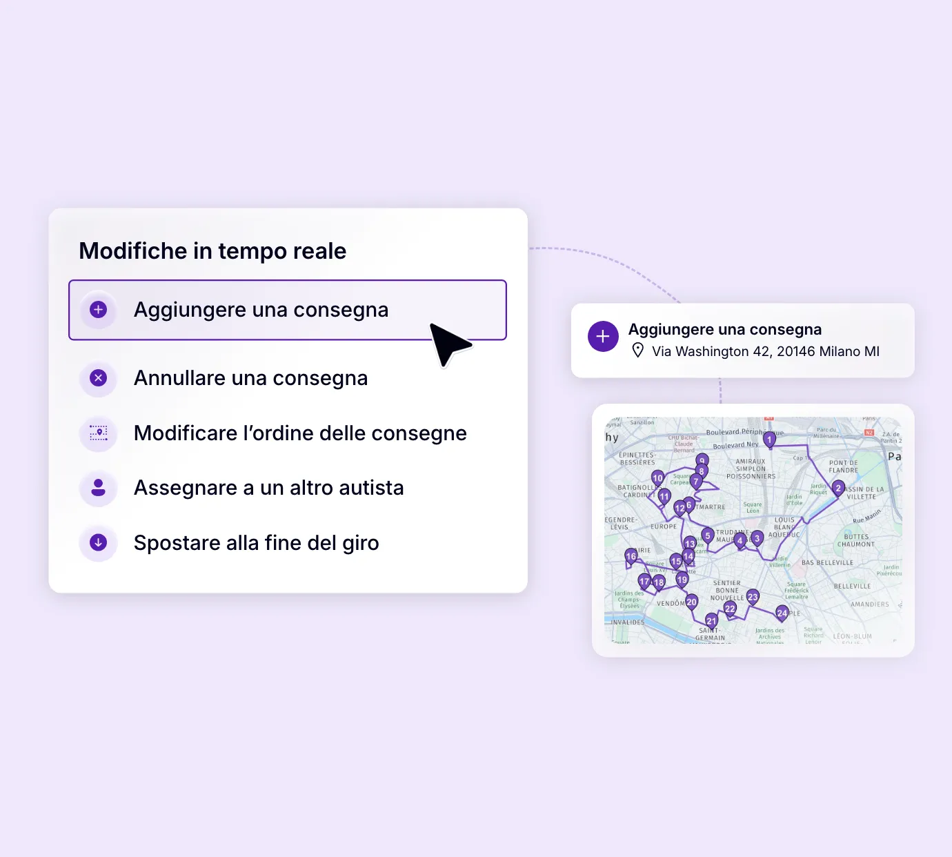 Modifica in tempo reale di un giro con possibilità di aggiungere, annullare o riassegnare una consegna.
