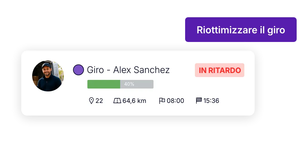 Riottimizzazione di un giro di consegne segnalato in ritardo.