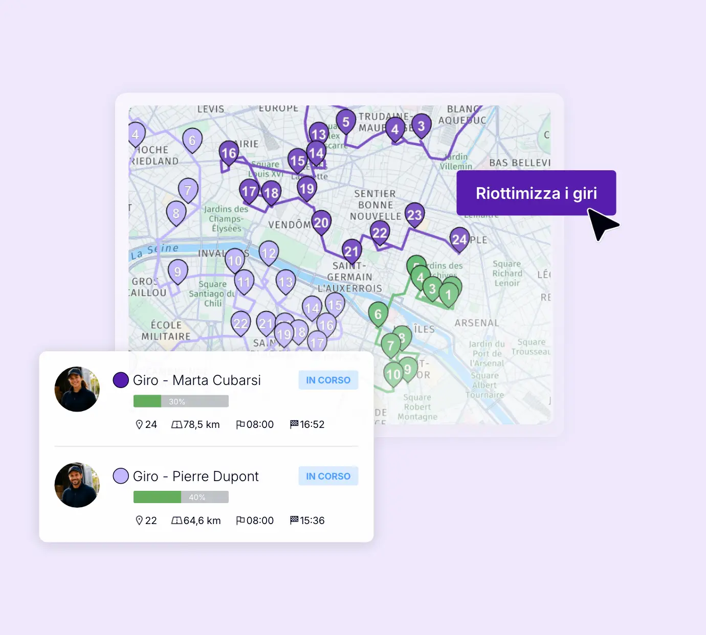 Mappa dei giri di consegna in corso con riottimizzazione dei percorsi