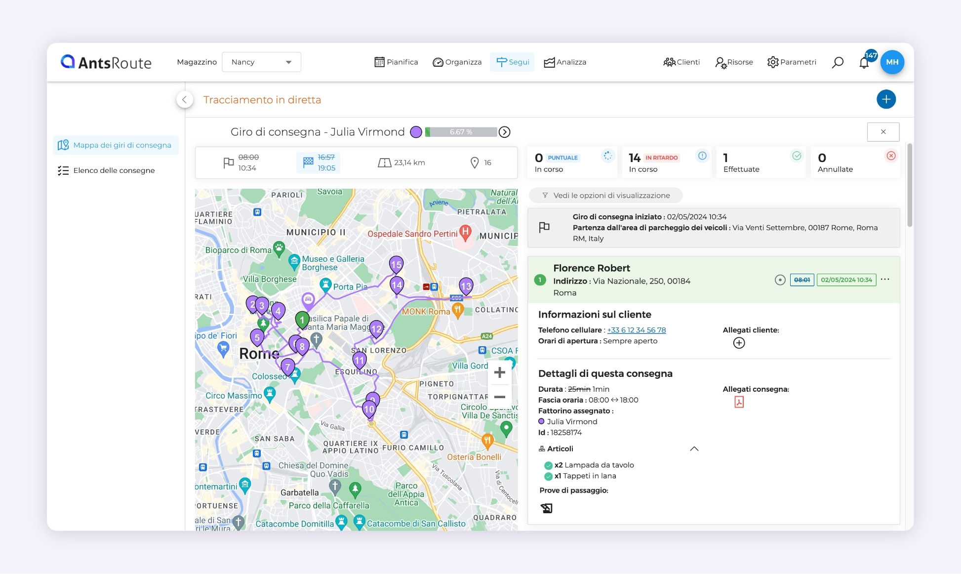 L'interfaccia del software AntsRoute mostra la tracciabilità di un giro di consegne.