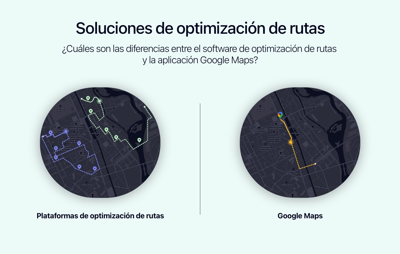 Diagrama del funcionamiento de Google Maps comparado con un software de optimización de rutas.