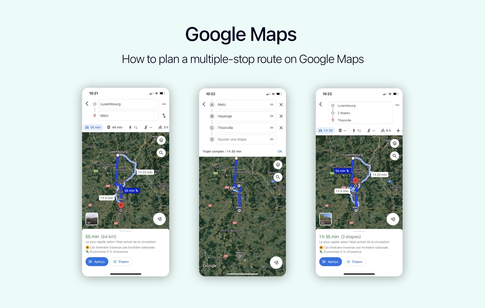 Diagram showing how to plan a multi-stop route on Google Maps.