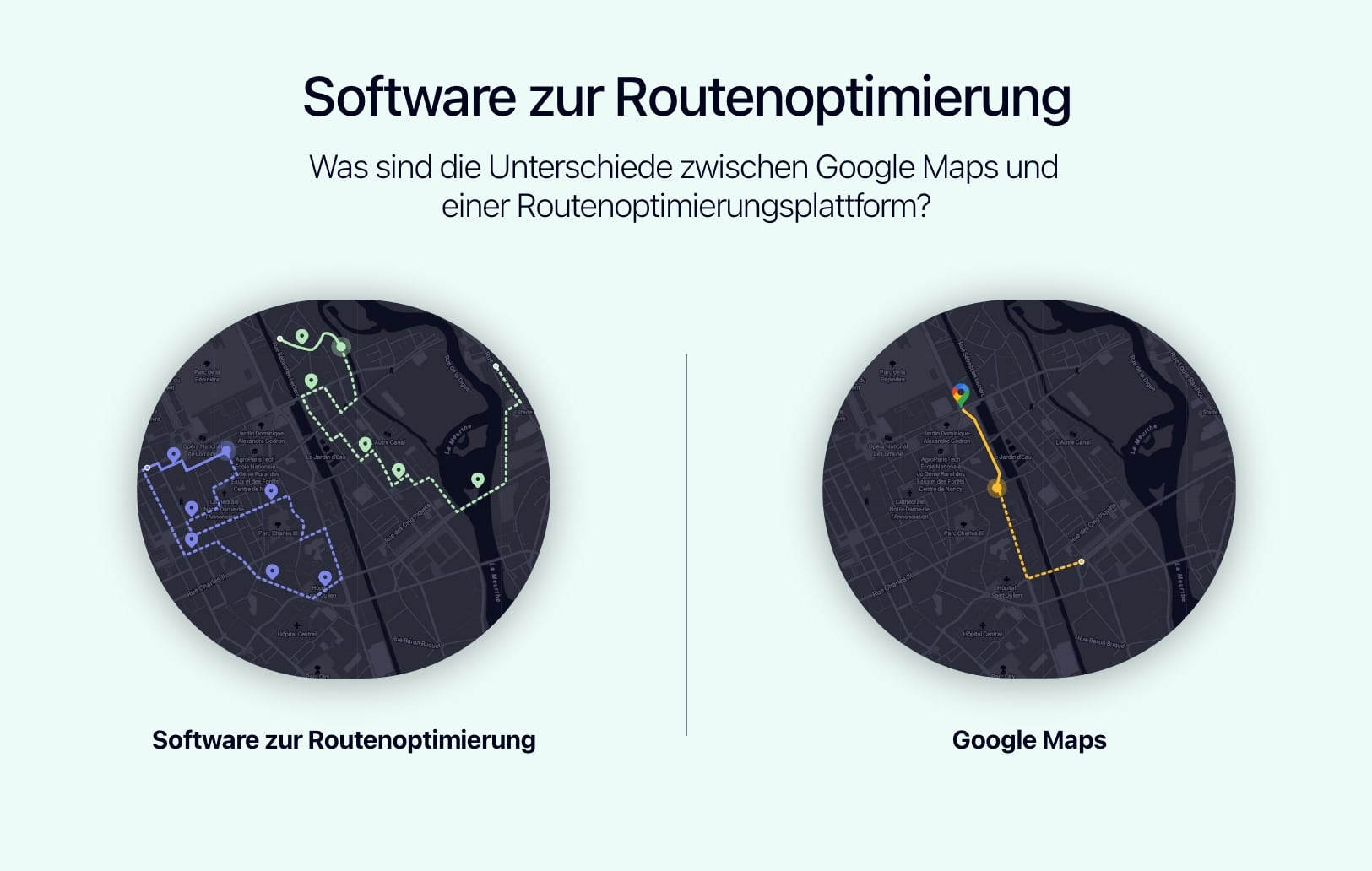 Diagramm, das die Unterschiede zwischen Google Maps und einer Routenoptimierungsplattform zeigt.