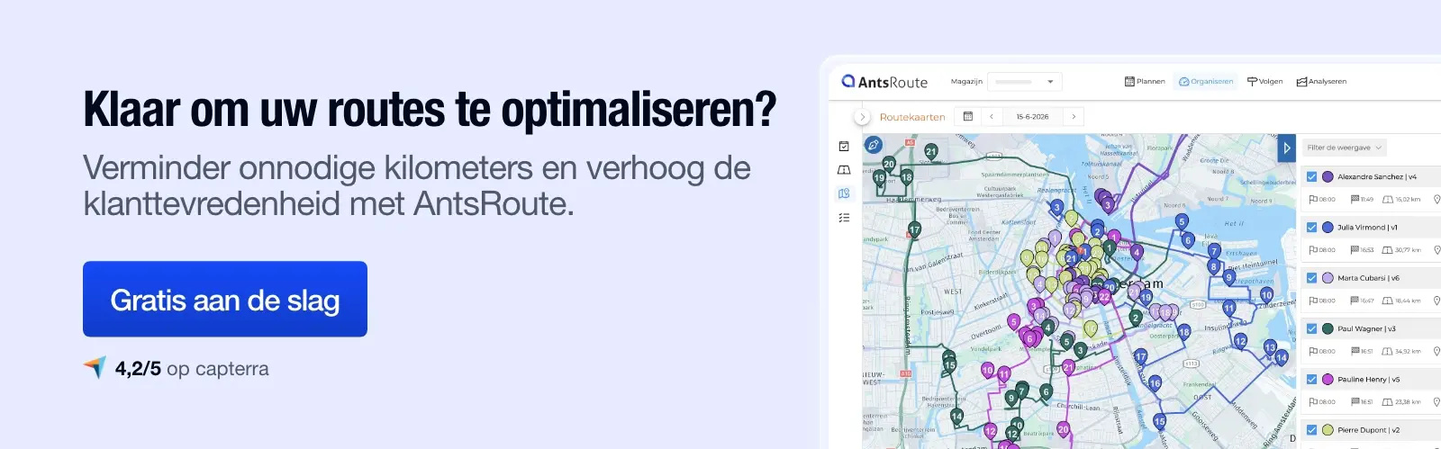AntsRoute-interface met een routekaart waarop meerdere gekleurde routes rond Nancy worden weergegeven, een knop “Gratis aan de slag” en de boodschap “Klaar om uw routes te optimaliseren? Verminder onnodige kilometers en verhoog de klanttevredenheid met AntsRoute.”