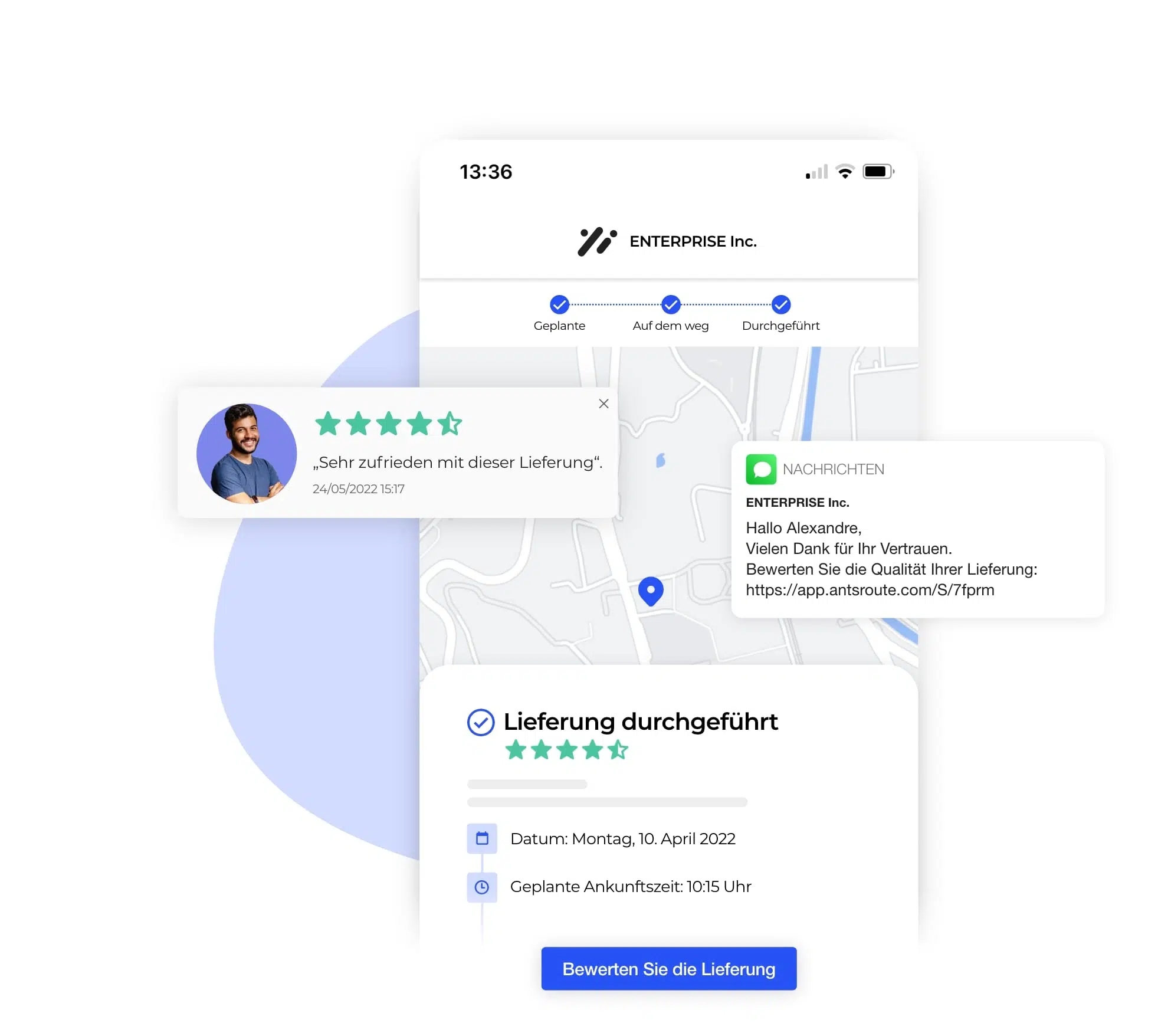 Die AntsRoute-Schnittstelle zeigt die Bewertung der Qualität des Lieferdienstes.