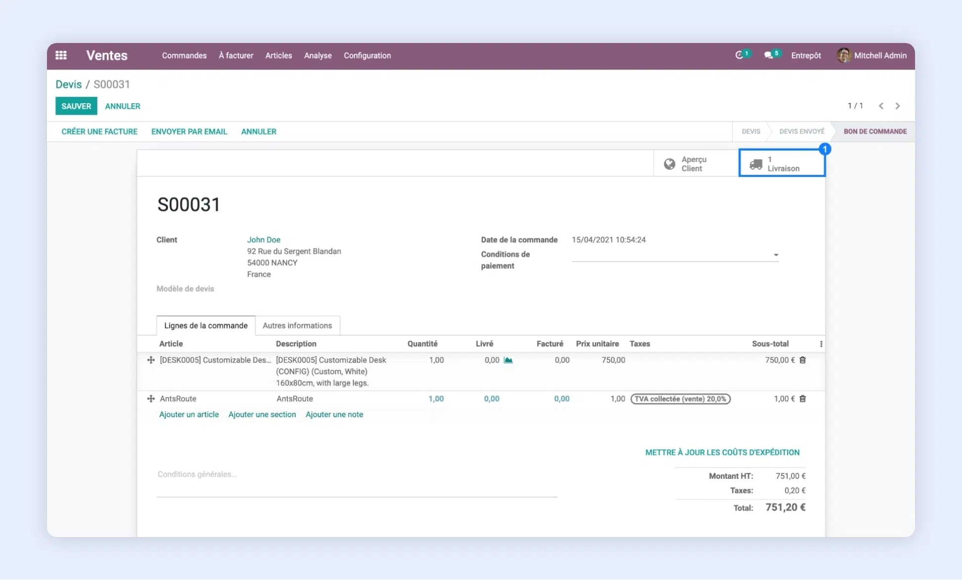 Ajout d'une demande de livraison dans le logiciel Odoo.