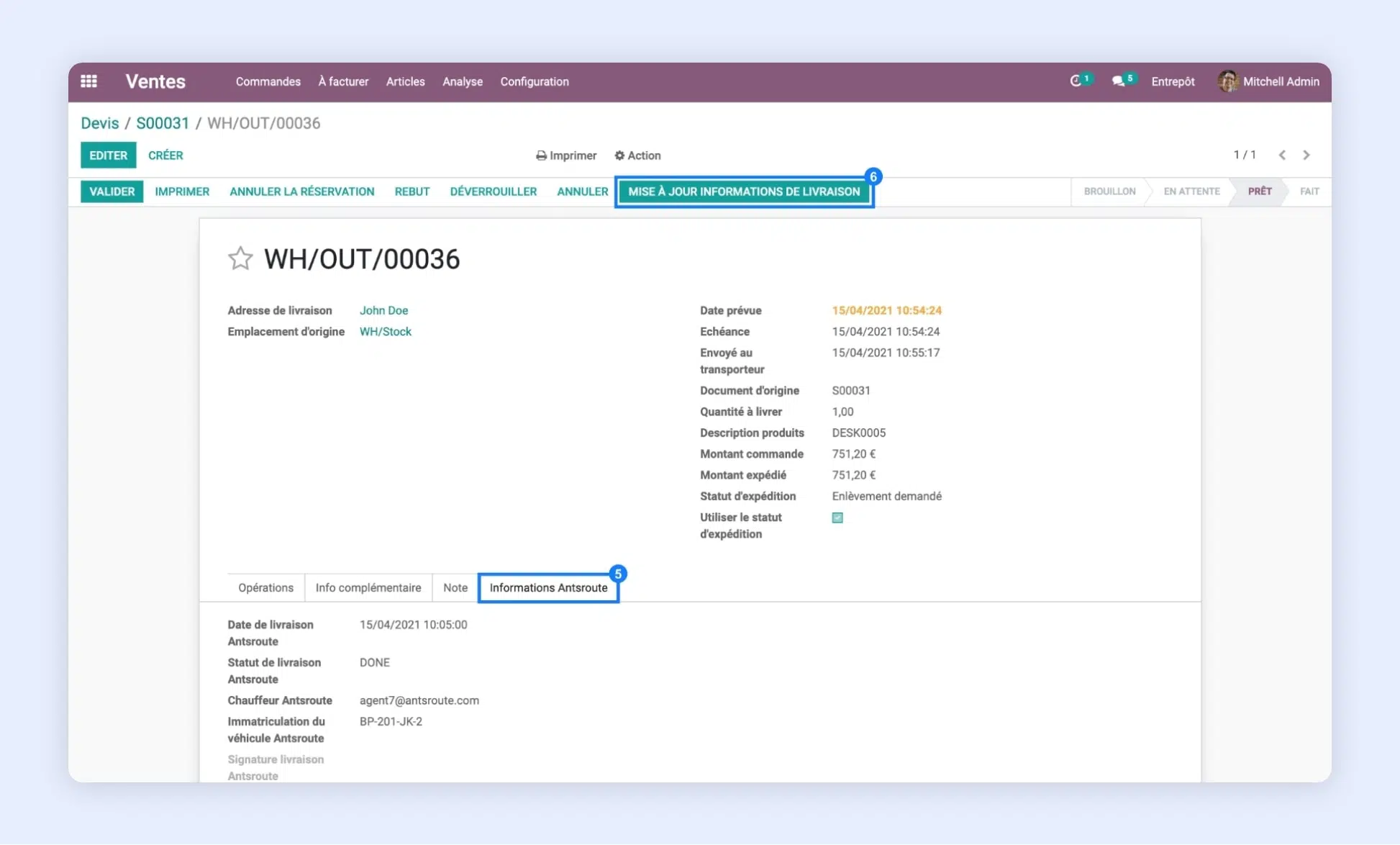 Mise à jour des informations de livraison sur Odoo.