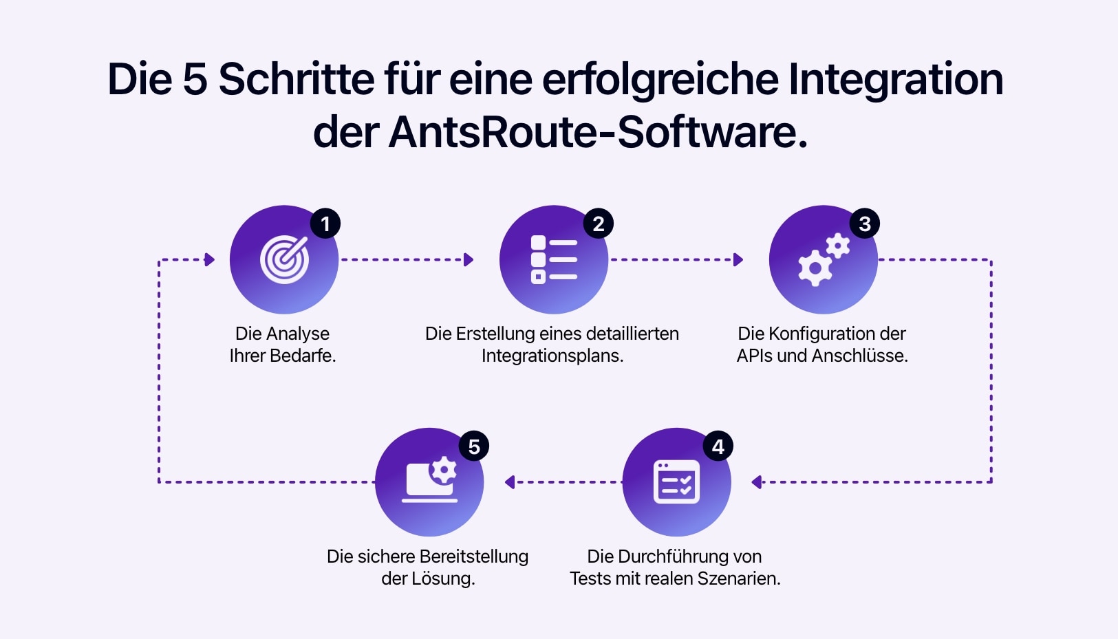 Schema mit den 5 Schritten für eine erfolgreiche Integration der AntsRoute-Software.