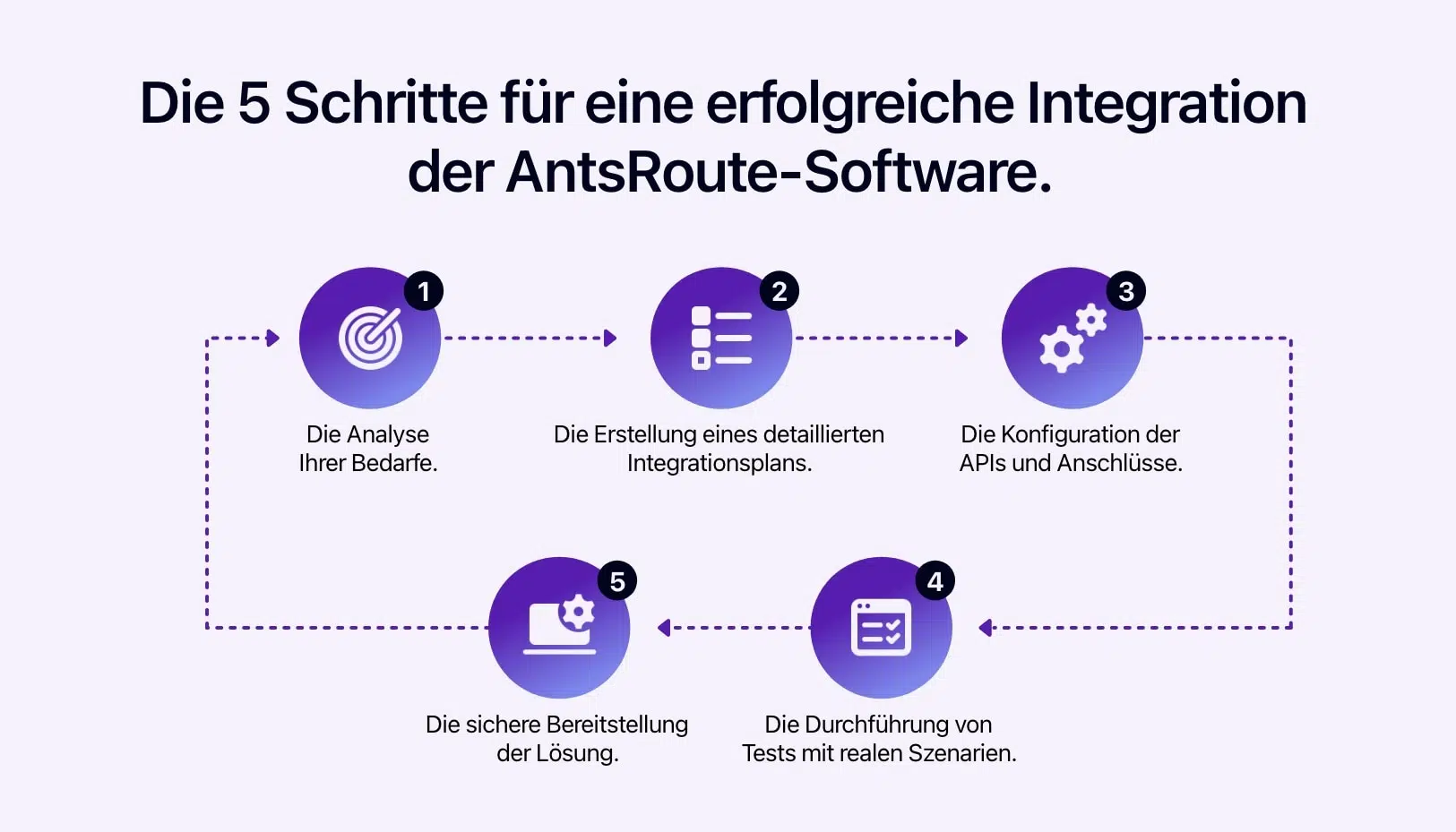 Schema mit den 5 Schritten für eine erfolgreiche Integration der AntsRoute-Software.