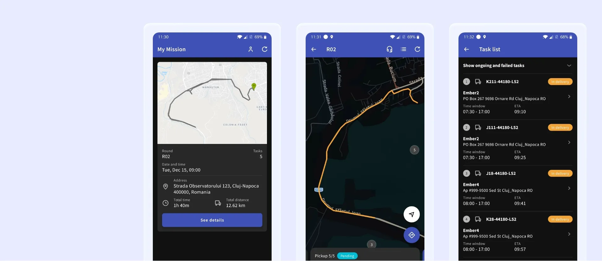Trois écrans d’une application mobile de livraison affichant une tournée, une navigation GPS et une liste de tâches avec statuts de livraison.