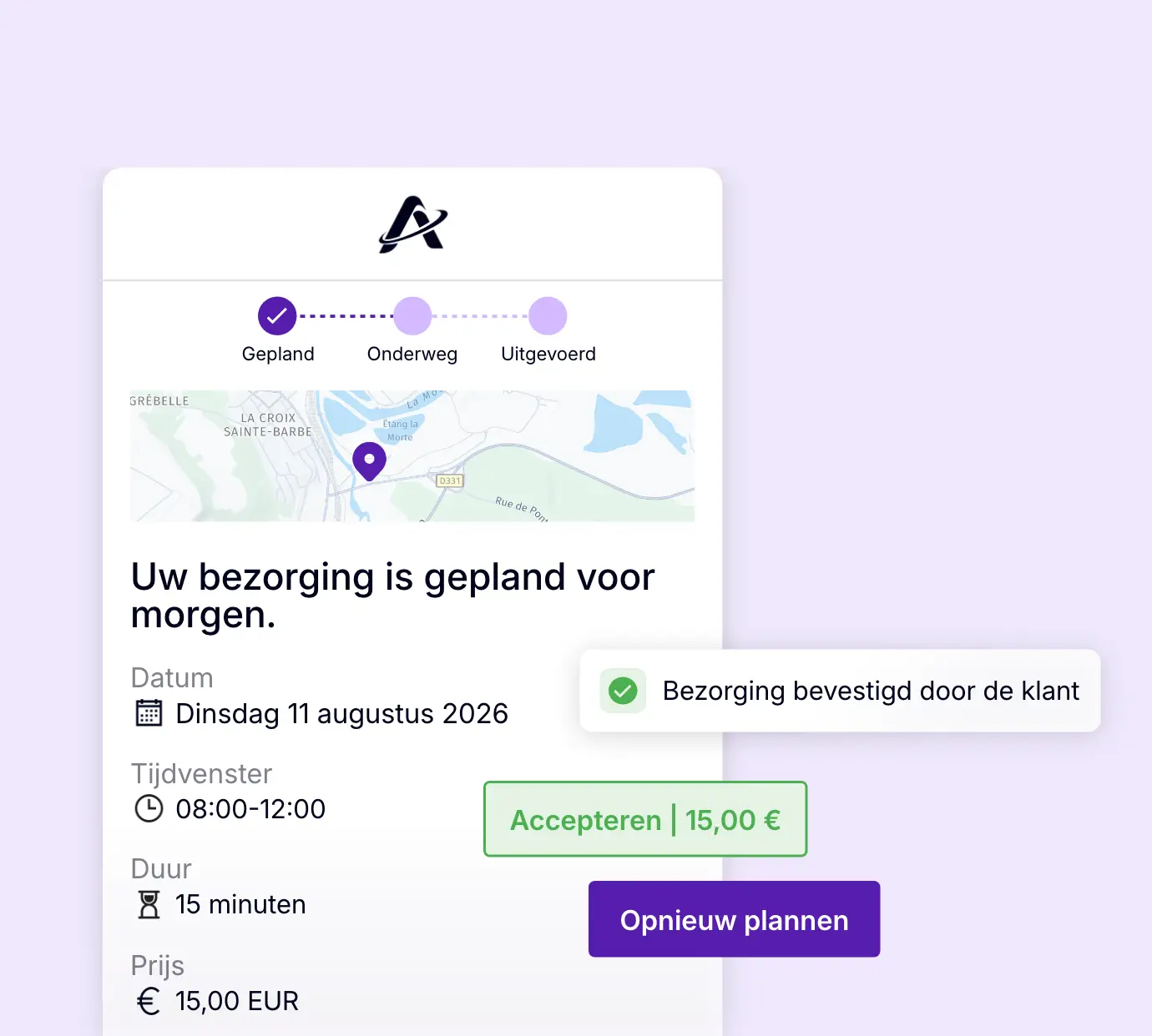 Klantenportaal waarmee een bezorging kan worden bevestigd of opnieuw gepland